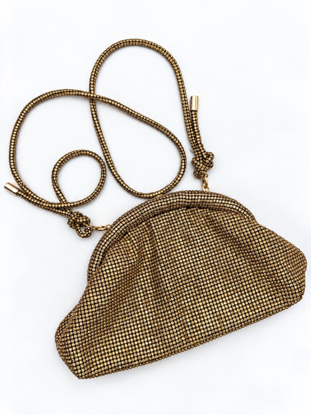 LOFT Gold Metallic Beaded Mesh Evening Bag Long Strap Clutch Purse Holiday Purse